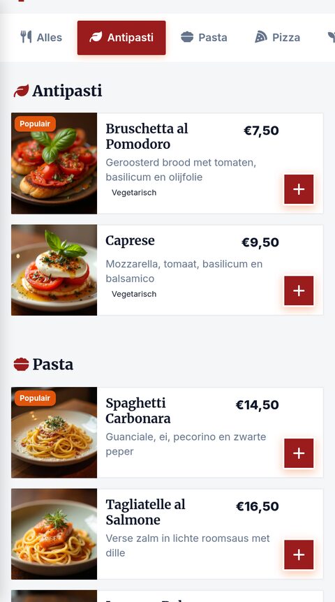 Menukaart op een telefoon met gerechten, foto, prijs en labels