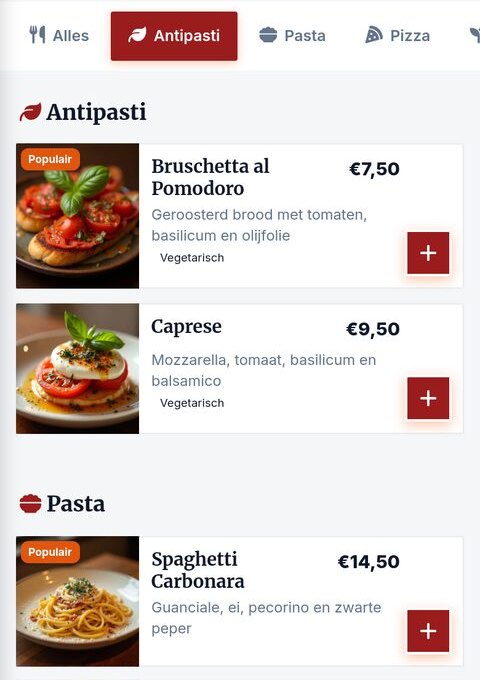 Menukaart met categorieën, gerechten met foto, prijs en labels