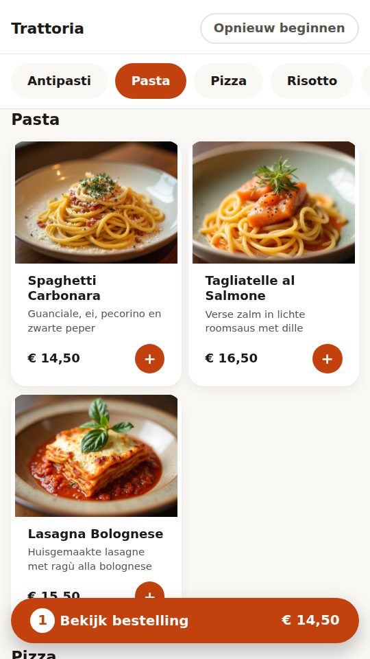 Zuilscherm met gerechten, foto’s en prijzen en onderaan de knop Bekijk bestelling