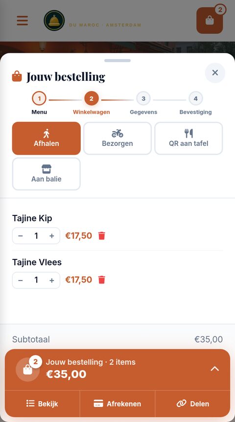 Bestelstap van Tagine du Maroc met de keuze afhalen, bezorgen, QR aan tafel of aan de balie